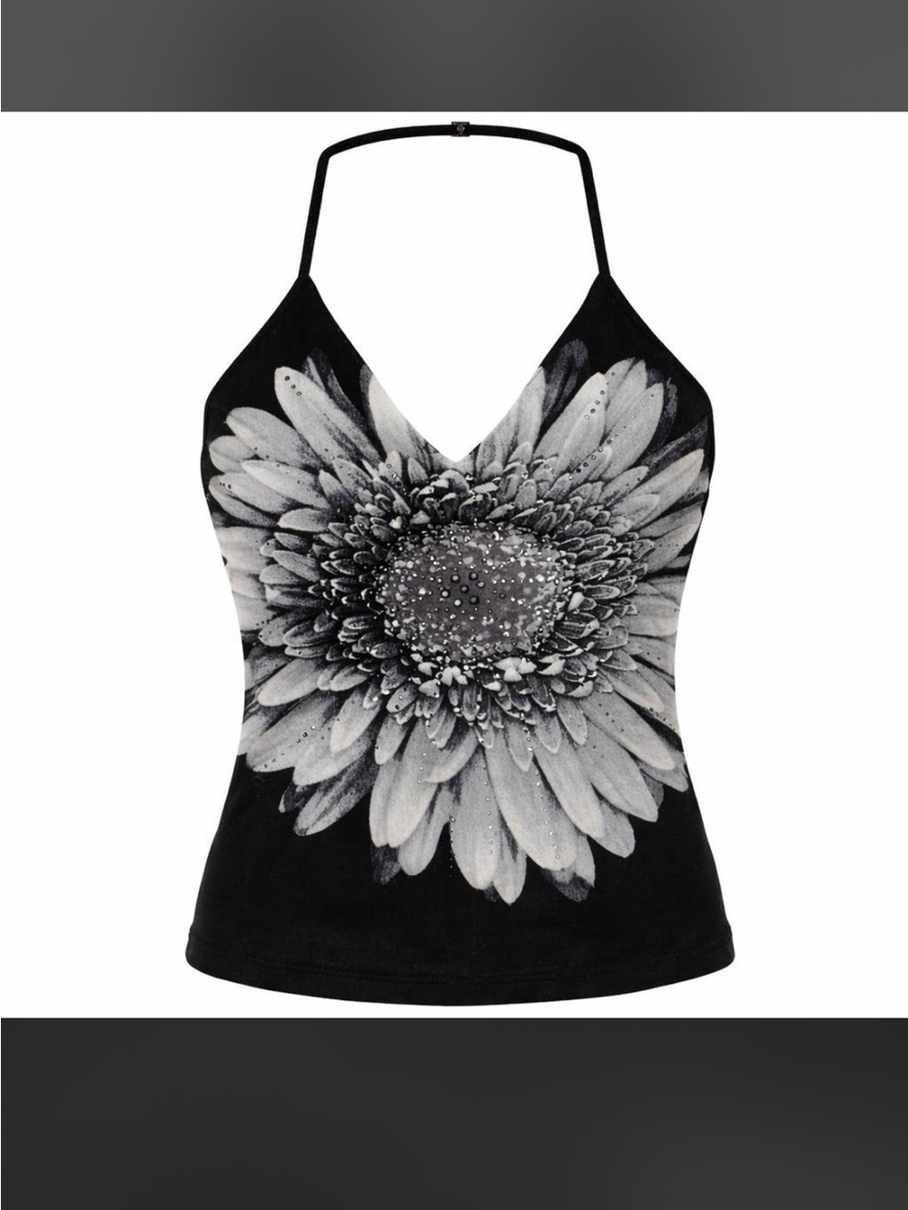 Black Floral Halter Tank Top with Monochrome Daisy Print
